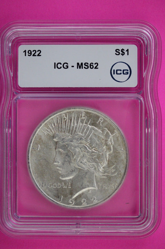 1922 P MS 62 Liberty Peace Silver Dollar ICG Certified Graded Authentic Slab 616