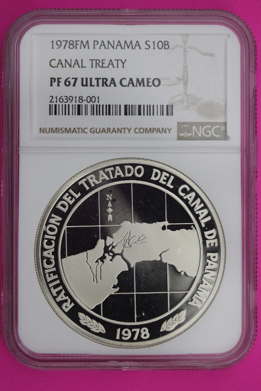 1978 Panama PF 67 Ultra Cameo Proof Silver 10 Balboas Canal Treaty Slab NGC 577