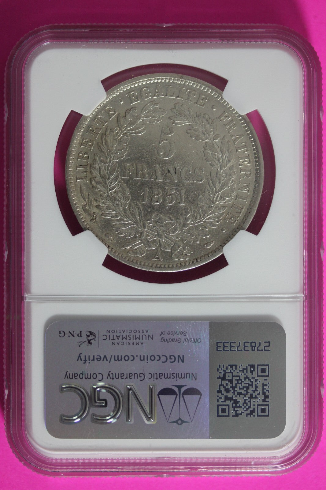 1851 A AU Details France 5 Francs Silver Coin NGC Certified Authentic Slab 613