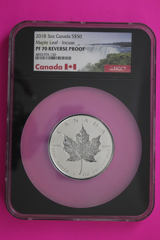 2018 PF 70 Reverse Proof Canada Maple Leaf $50 3 OZ Silver NGC Graded Slab 7082