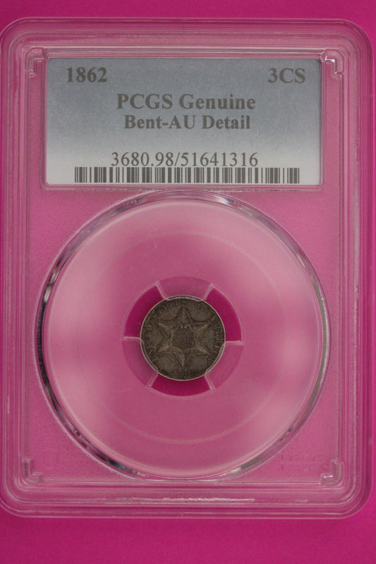1862 Unc Detail Trime 3 Three Cent Silver Dime PCGS Genuine Bent Certified 935