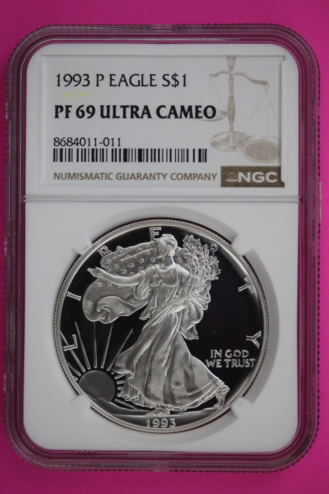1993 P PF 69 American Silver Eagle Proof Ultra Cameo NGC Graded Authentic 89