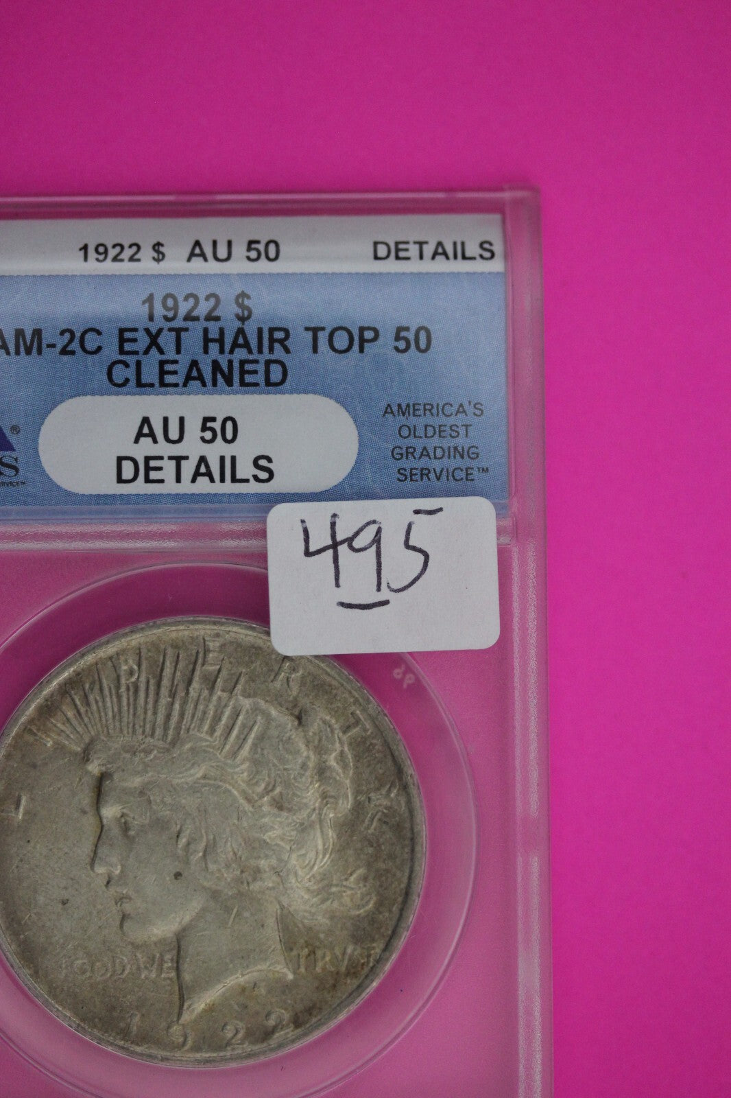 1922 P AU Details VAM 2C Ext Hair Cleaned Liberty Peace Silver Dollar ANACS 495