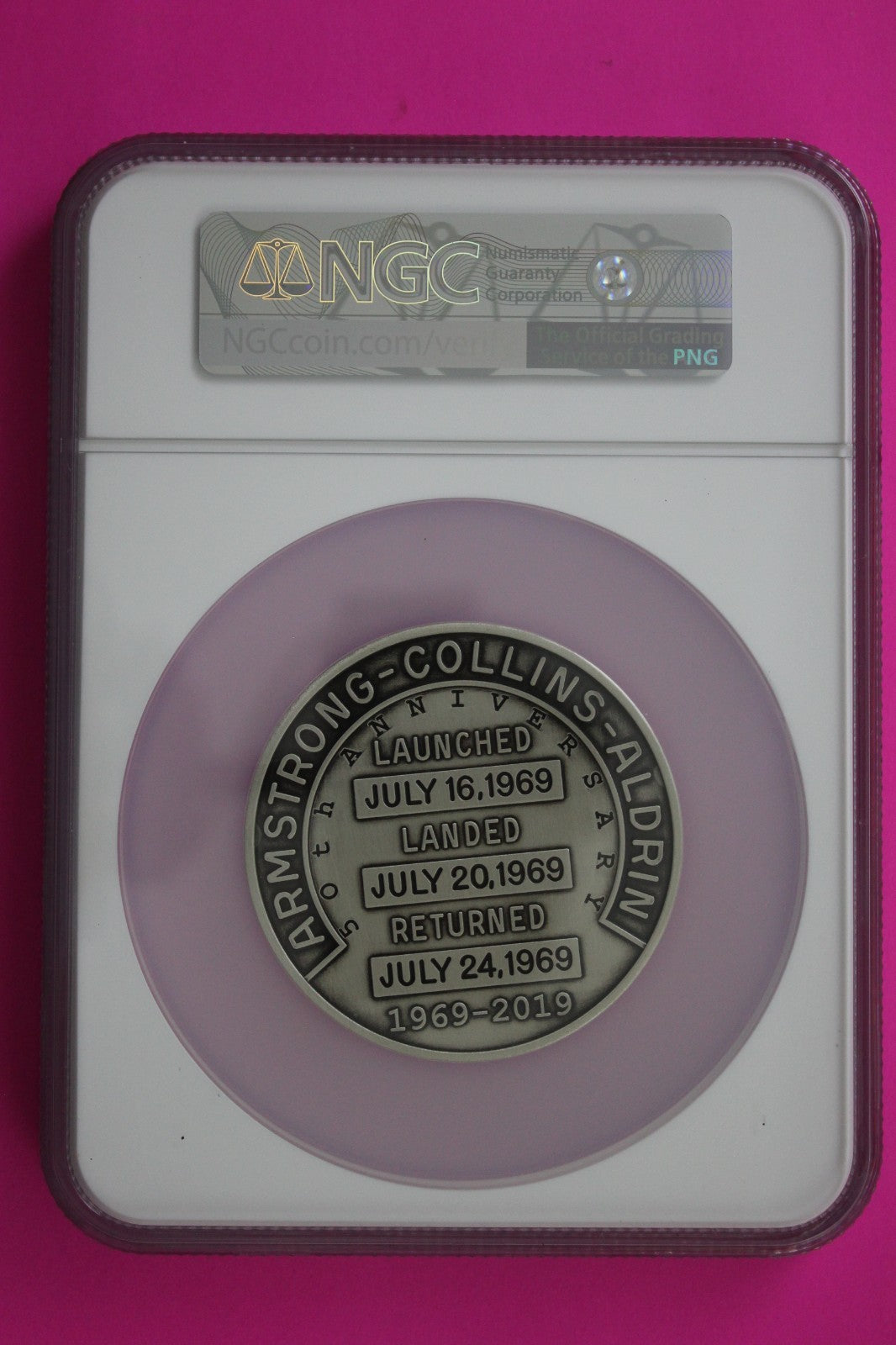 2019 MS 70 5 OZ Silver  Robbins Restrike Apollo 11 Space Flown Material NGC 7081