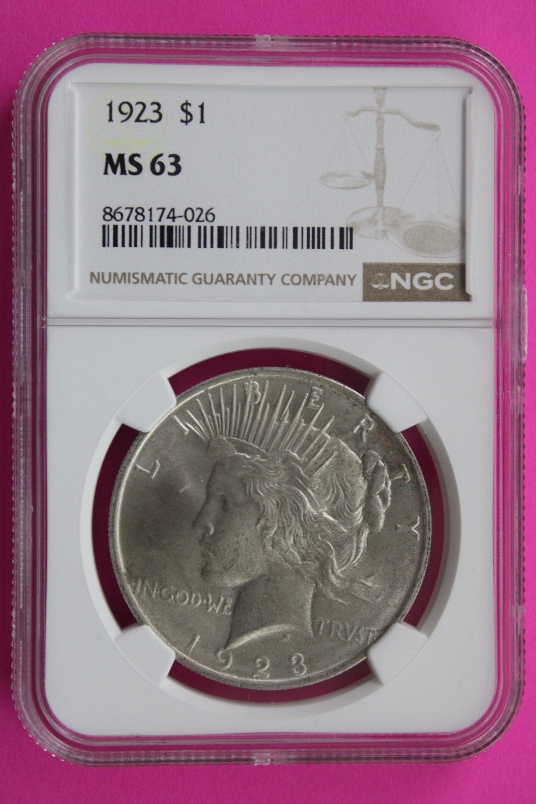 1923 P MS 63 Liberty Peace Silver Dollar NGC Certified Graded Authentic 719