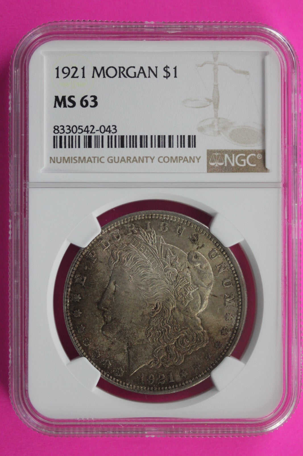 End Of Roll Toned 1921 P MS 63 Liberty Morgan Silver Dollar NGC Certified 92