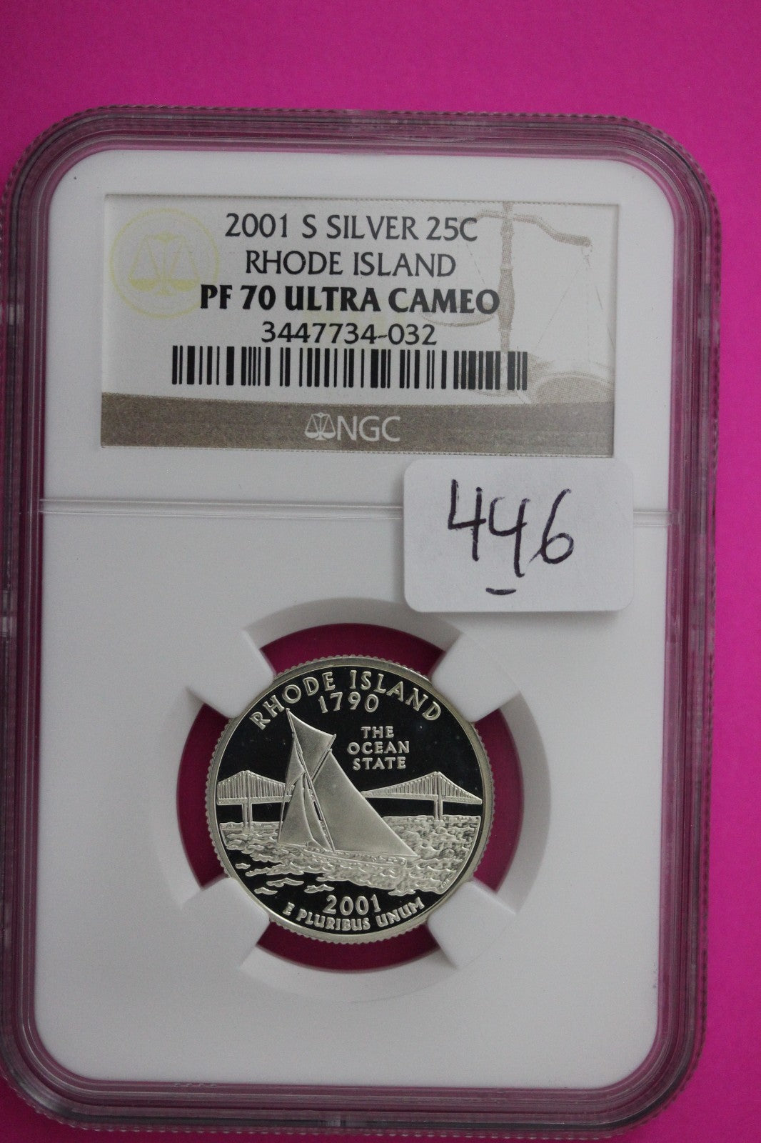 2001 S PF 70 Rhode Island Silver State Quarter NGC Certified Authentic Slab 446