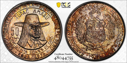 Toned 1971 L MS 66 Peru 150th Anniversary Independence 50 Sol PCGS Trueview 1526
