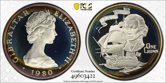 1981 PR 68 DCAM Crown Gibraltar Admiral Nelson Battle Trafalgar PCGS Silver 572