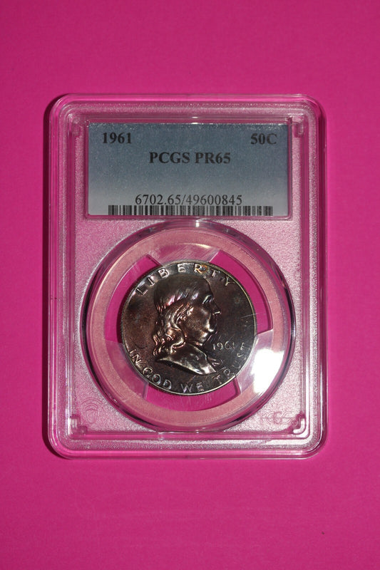 Rainbow Toned 1961 Silver PR 65 Ben Franklin Half PCGS Graded Authentic Slab 170