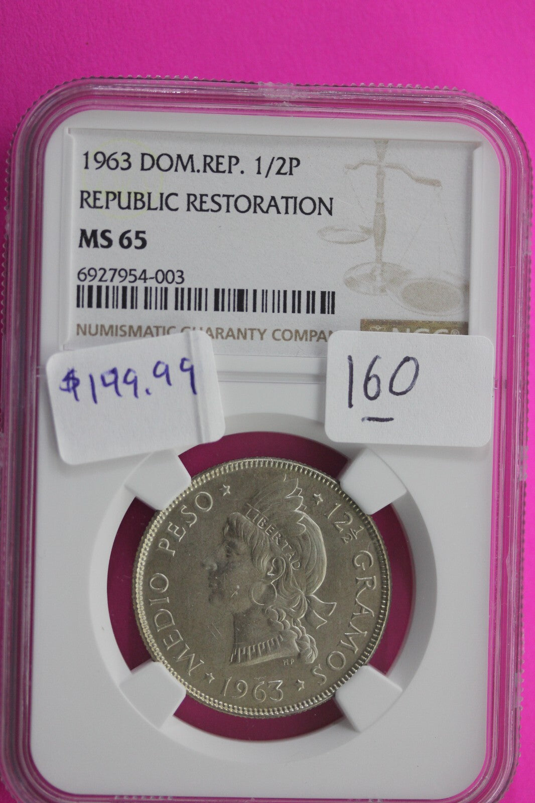 1963 MS 65 Dominican Republic 1/2 Peso Silver Coin NGC Certified Graded Slab 160