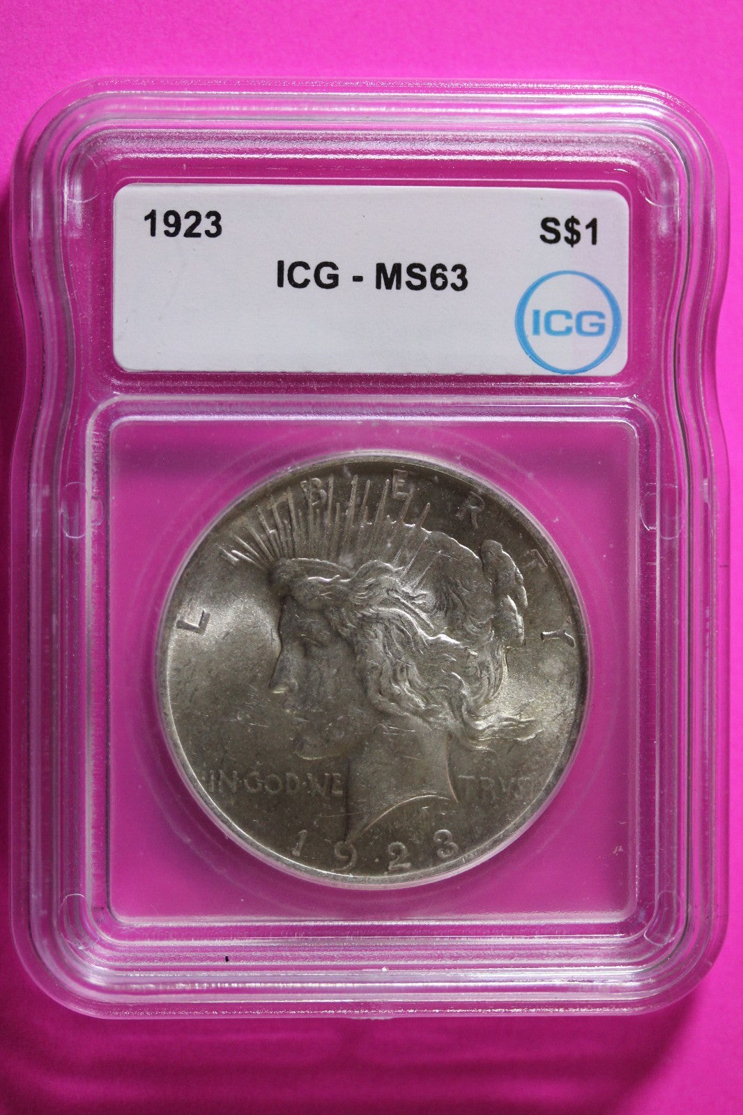 1923 P MS 63 Liberty Peace Silver Dollar ICG Graded Authentic Certified Slab 55