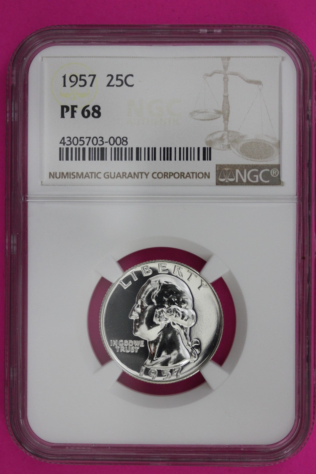 1957 PF 68 Proof Washington Silver Quarter NGC Certified Graded Authentic 1350