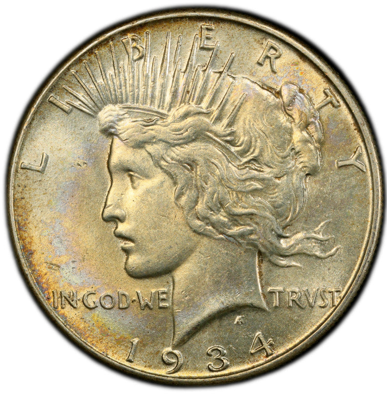 Toned 1934 P AU 58 Peace Silver Dollar PCGS Graded Certified Authentic Slab 365