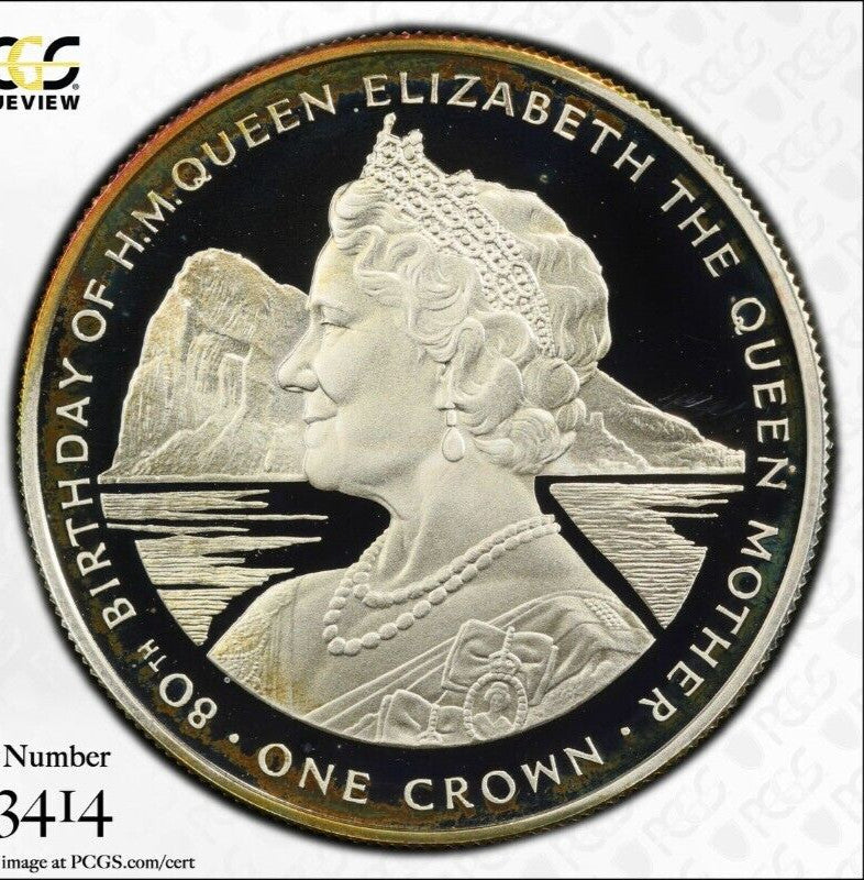 Toned 1980 MPR 68 DCAM Crown Gibraltar  PCGS Queen Elizabeth 80th Birthday 535