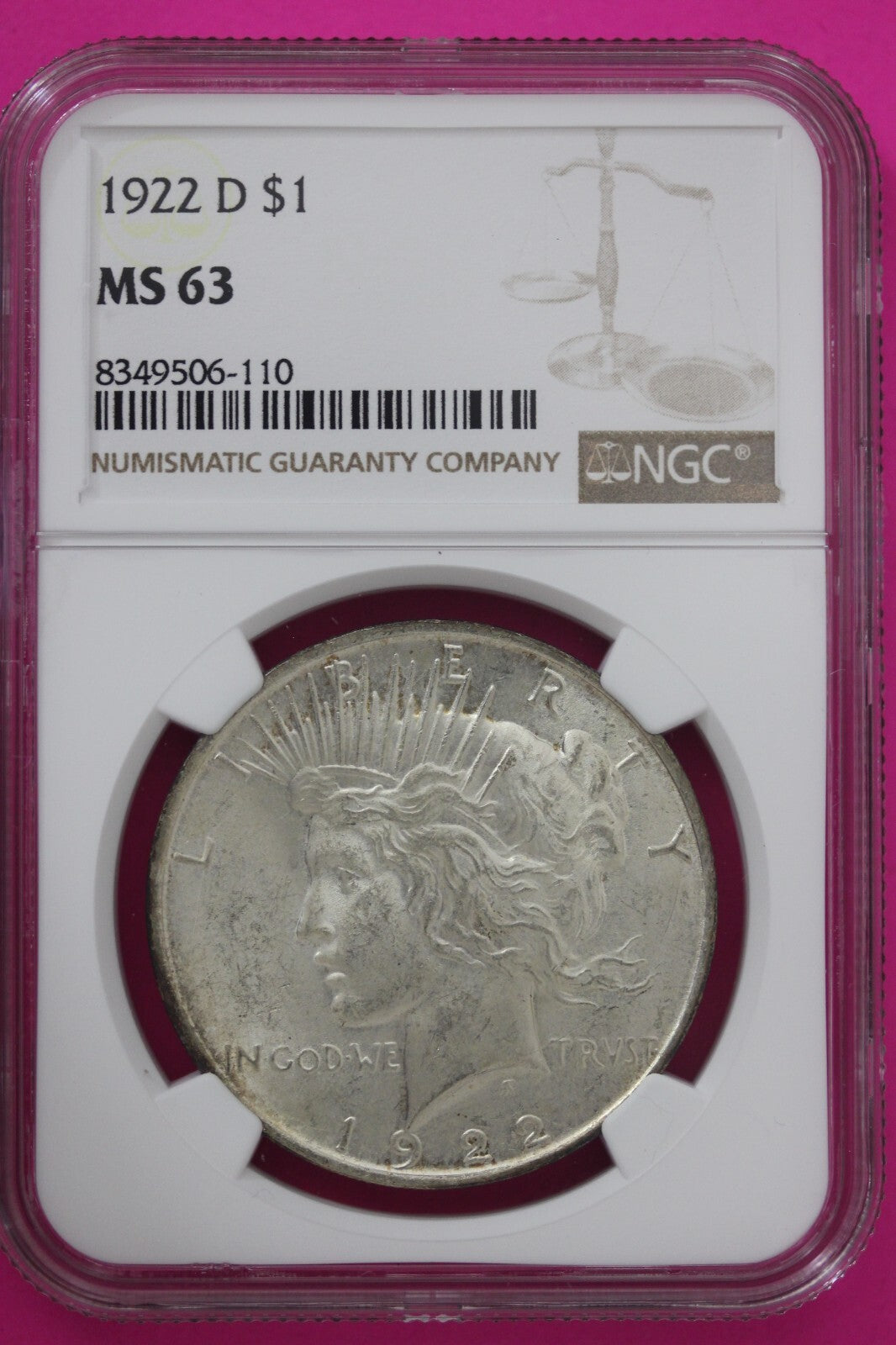 1922 D MS 63 Liberty Peace Silver Dollar NGC Certified Graded Authentic Coin 724