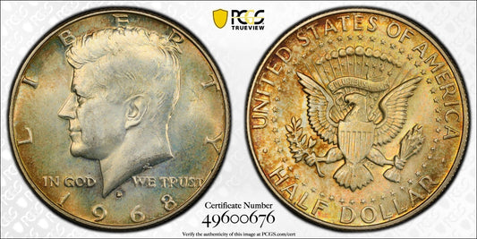 Toned 1968 D Silver MS 64 John F Kennedy Silver Half Dollar PCGS Graded Slab 150