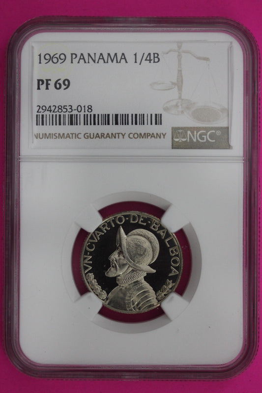 Top Pop 1969 Panama PF 69 Proof 1/4 Balboa NGC Graded Certified Genuine 1294