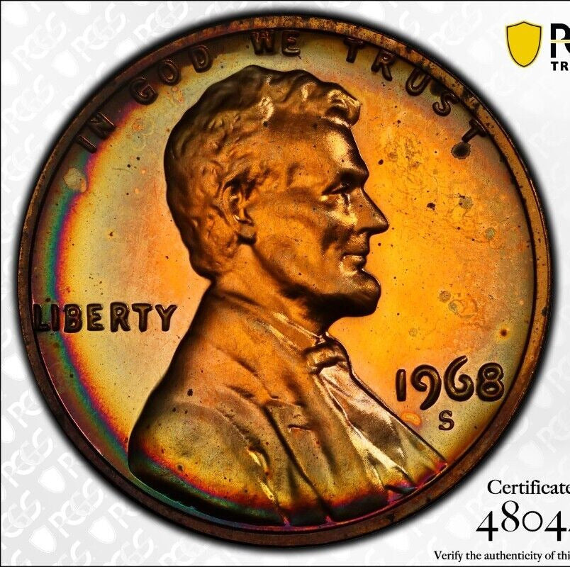 Rainbow Toned 1968 S PR 68 RD Abraham Lincoln Memorial Cent PCGS Trueview 1592