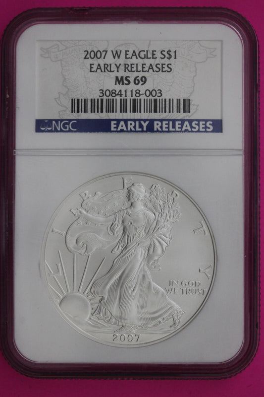 2007 W Chipped Slab MS 69 Silver Eagle Coin 1 OZ .999 NGC Graded Authentic 524