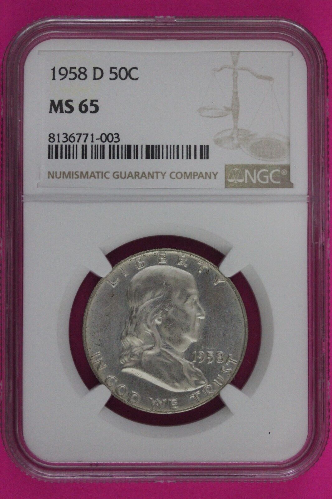 1958 D MS 65  Ben Franklin Half Dollar Silver Coin NGC Graded Certified Slab 831