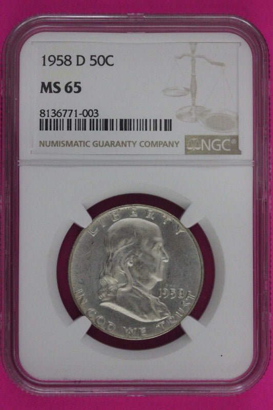 1958 D MS 65  Ben Franklin Half Dollar Silver Coin NGC Graded Certified Slab 831