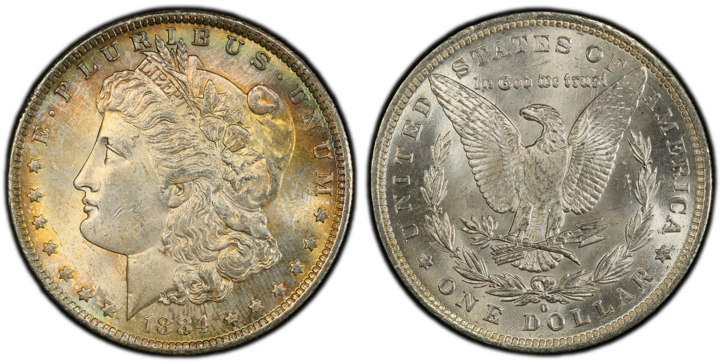 Rainbow Toned 1884 O MS 63 Morgan Liberty Silver Dollar PCGS Certified Slab 204