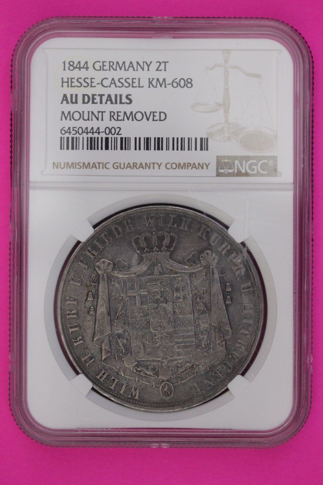 1844 Germany 2 Thaler Hesse-Cassel AU Details Mount Removed NGC Slab 1093