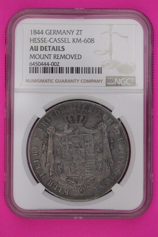 1844 Germany 2 Thaler Hesse-Cassel AU Details Mount Removed NGC Slab 1093