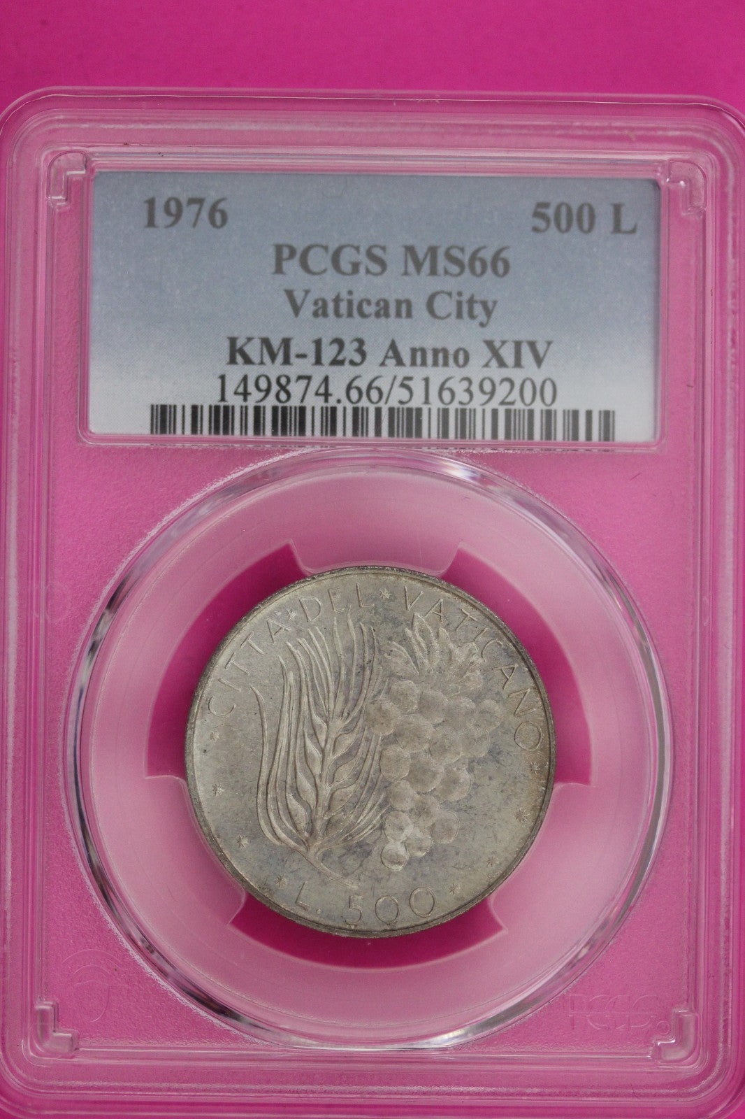 1976 MS 66 Vatican City KM-123 Anno XIV 500 Lire PCGS Certified Graded Slab 1205