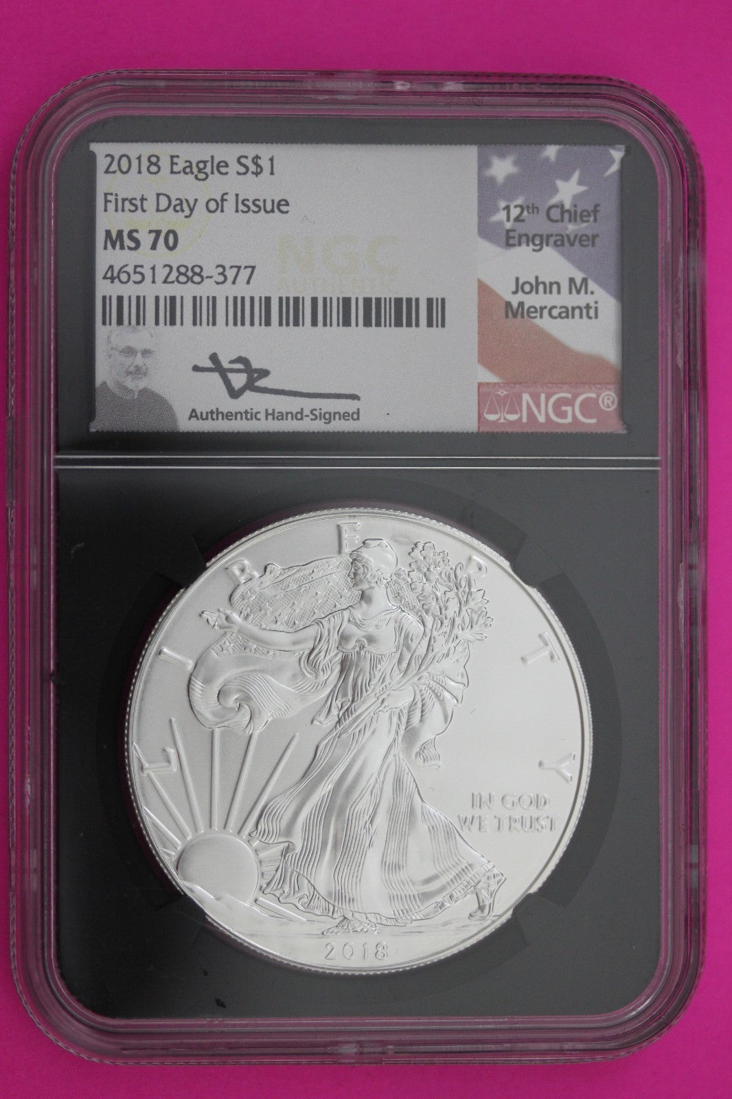 2018 MS 70 Silver Eagle Mercanti Signature 1rst Day 1 OZ .999 NGC Certified 257