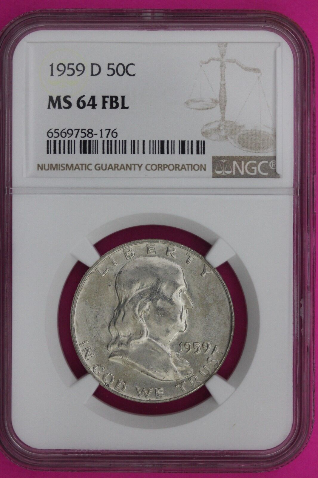 Full Bell Lines 1959 D MS 64 FBL Ben Franklin Half Dollar Silver Coin NGC 964