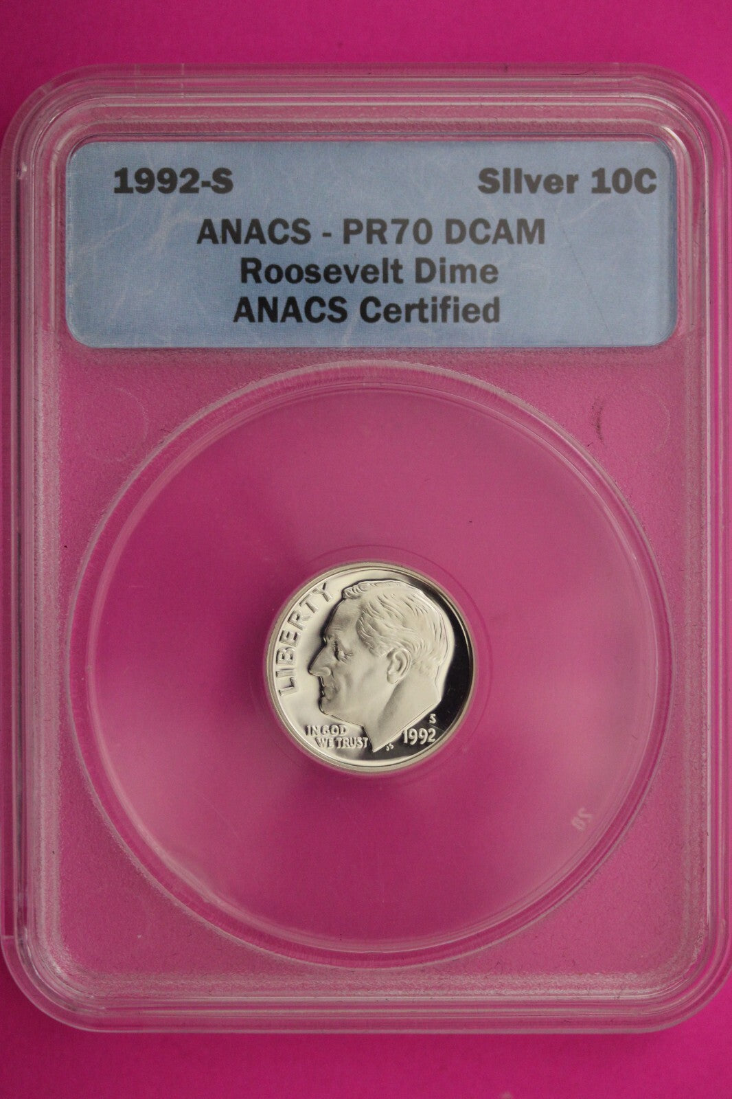 1992 S PR 70 Roosevelt Silver Dime Deep Cameo ANACS Certified Graded Slab 396