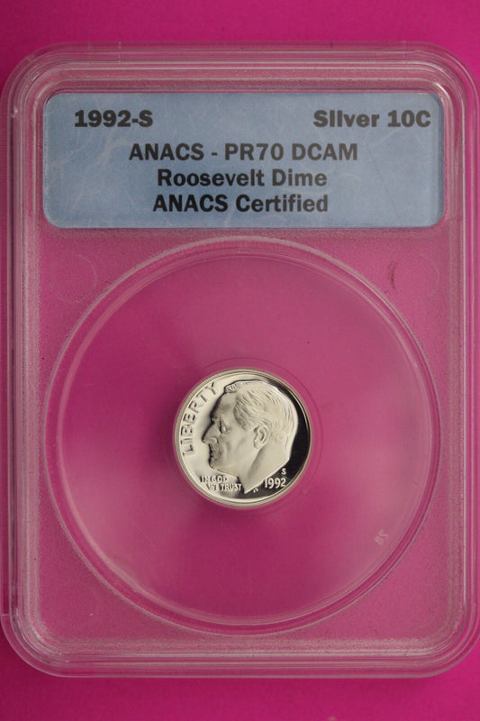 1992 S PR 70 Roosevelt Silver Dime Deep Cameo ANACS Certified Graded Slab 396