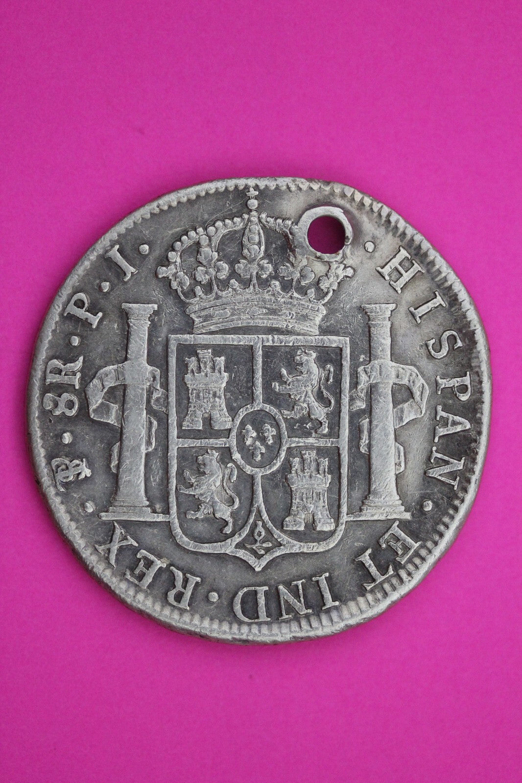 1820 Bolivia Spanish 8 Reales King Ferdin VII Silver Coin Pendant Holed 10