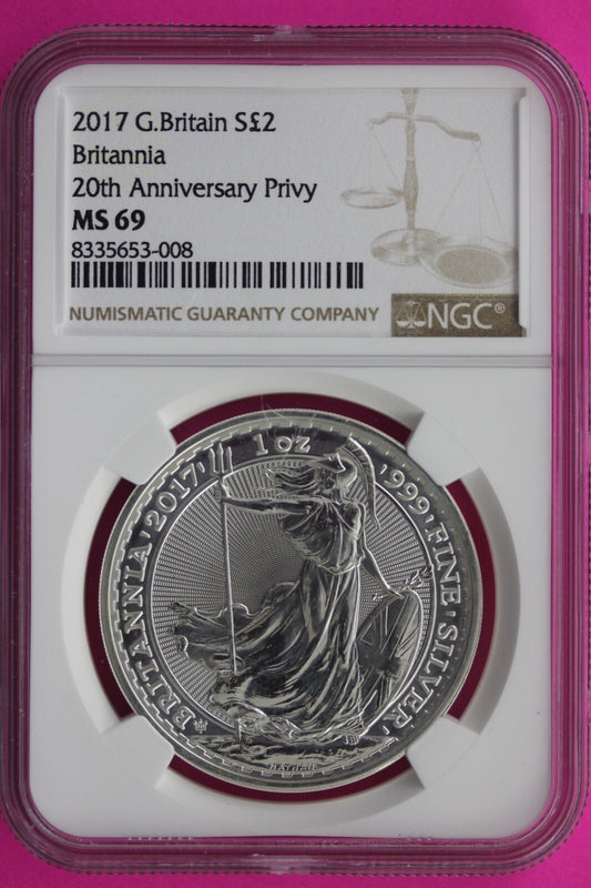 2017 MS 69 Great Britain £2 Britannia 20th Anniversary Privy NGC Graded Slab 734