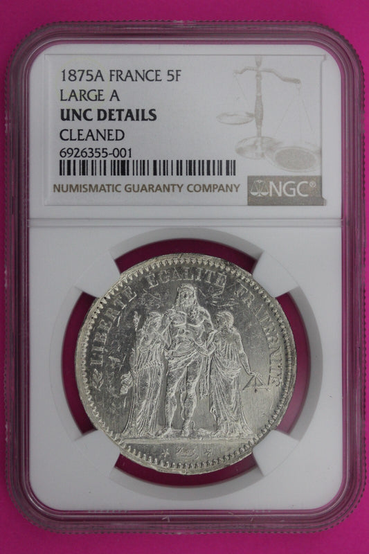 1875 A UNC Details France 5 Francs Silver Coin NGC Cleaned Certified Slab 620