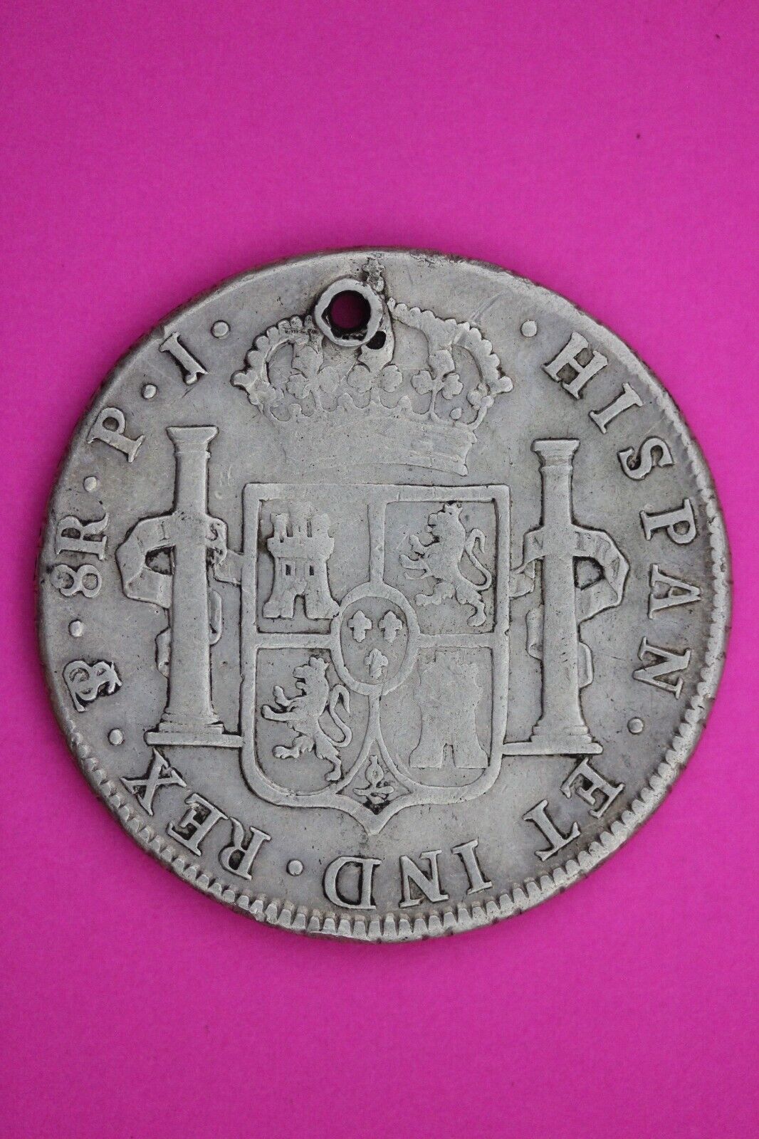 1808 Bolivia Spanish 8 Reales King Carolus IIII Silver Coin Pendant Holed 04