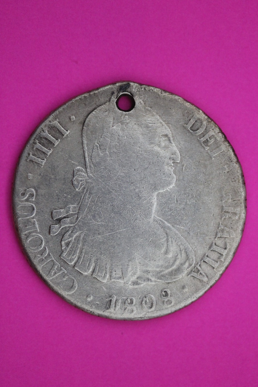 1808 Bolivia Spanish 8 Reales King Carolus IIII Silver Coin Pendant Holed 13