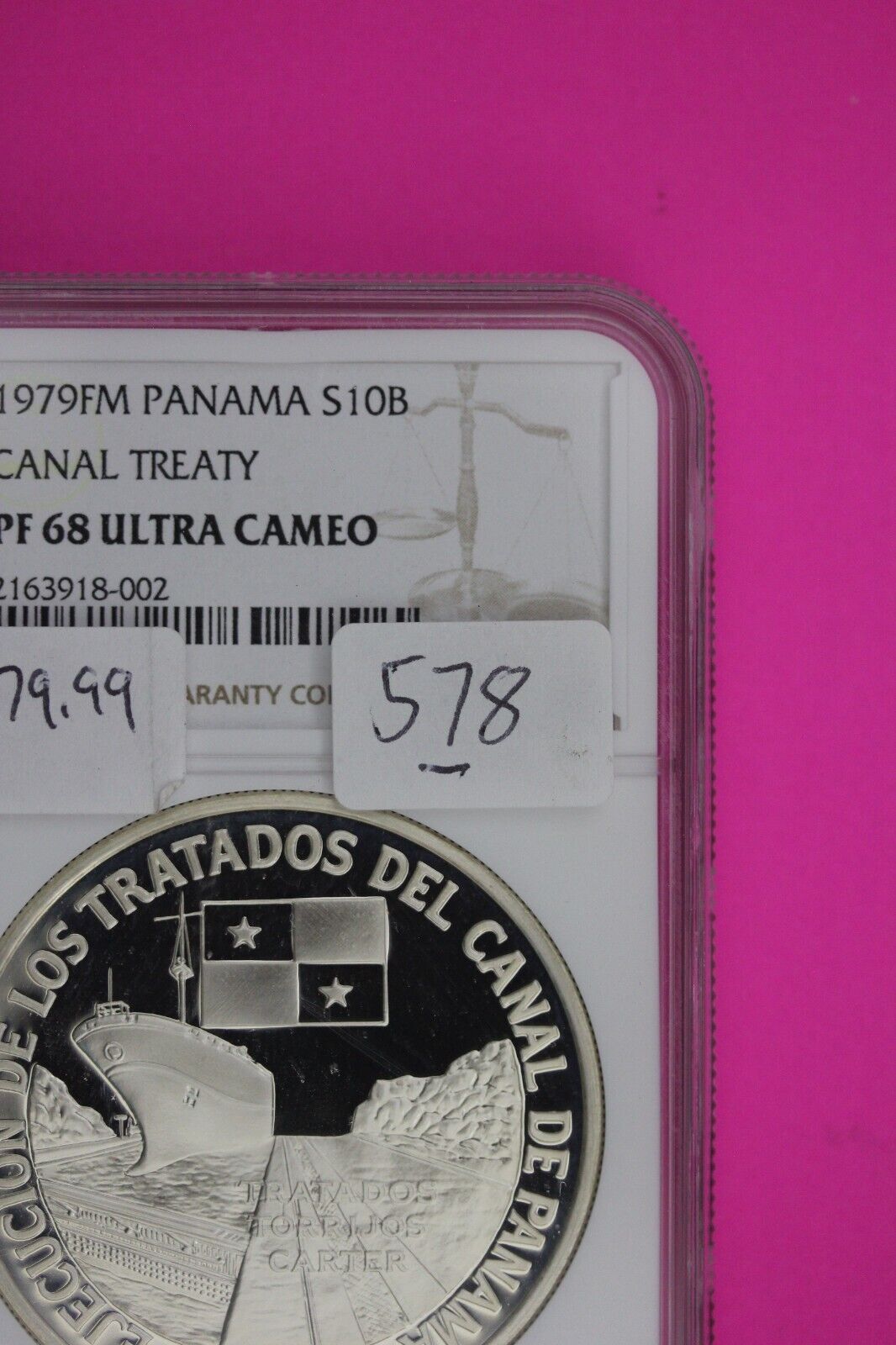 1979 Panama PF 68 Ultra Cameo Proof Silver 10 Balboas Canal Treaty Slab NGC 578