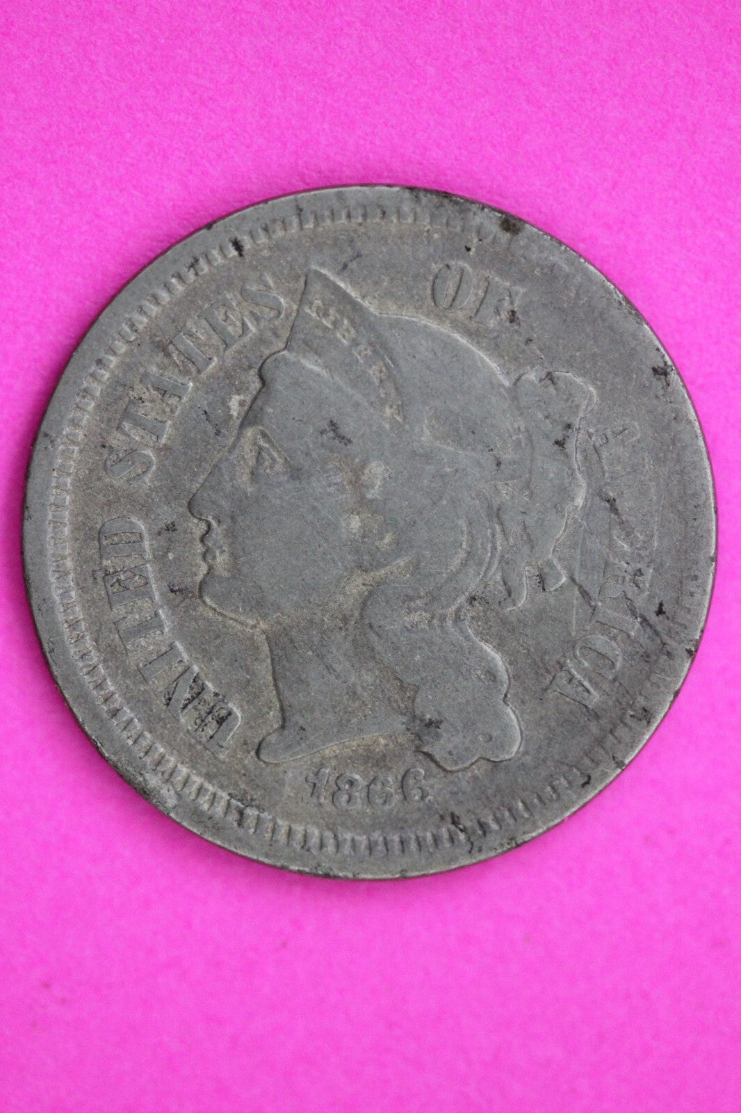 1866 Three 3 Cent Nickel Scarce Type Coin Guaranteed Authentic & Genuine 0734N