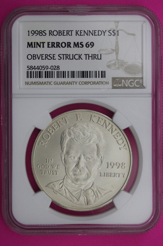 Mint Error Obverse Struck Thru 1998 S MS 69 Robert Kennedy Silver Dollar NGC 301
