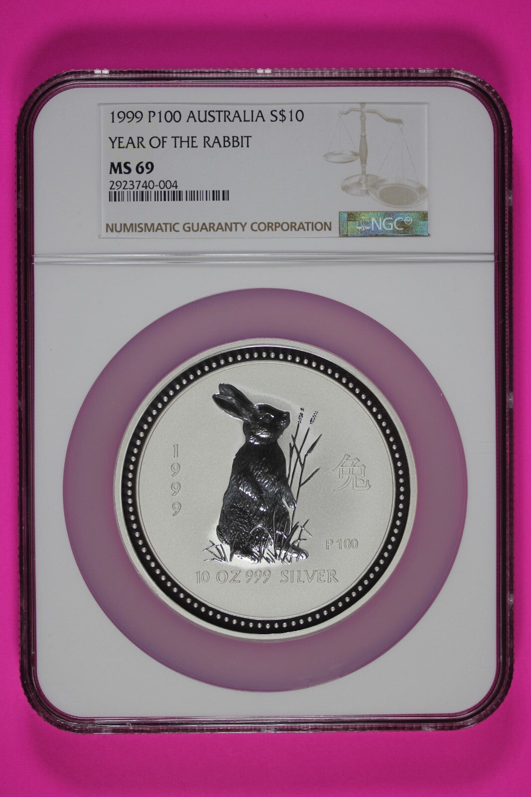 1999 MS 69 10 Ounces Silver Australia Year Of The Rabbit .999 Fine NGC Slab 7016