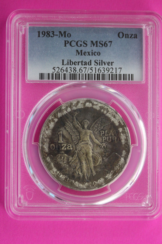 End Of Roll Toned 1983 MS 67 Libertad Mexico 1 OZ Silver Coin PCGS Certified 236