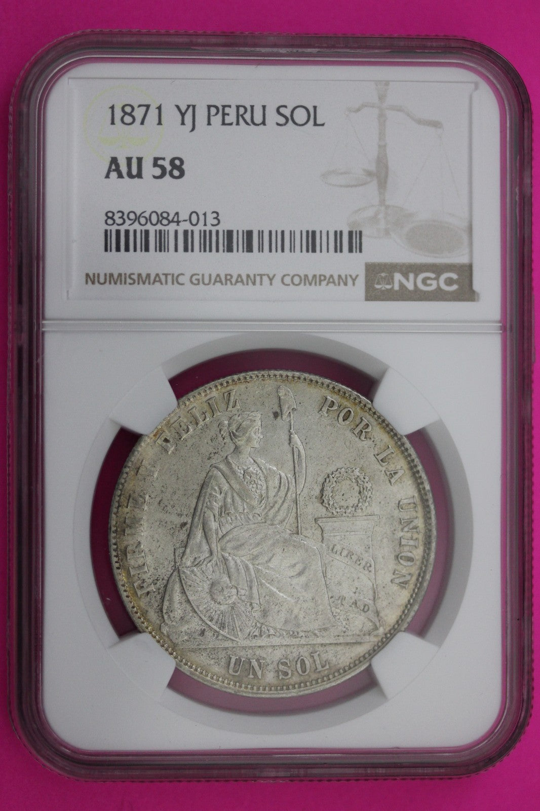 1871 YJ AU 58 Peru 1 Sol Silver Coin NGC Certified Graded Authentic Slab 563