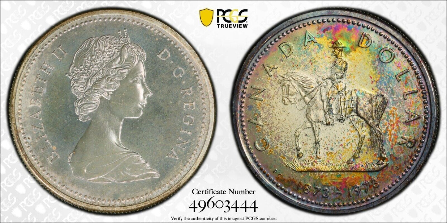 Rainbow Toned 1973 SP 68 Canada RC Mounted Police Silver Dollar PCGS Graded 738