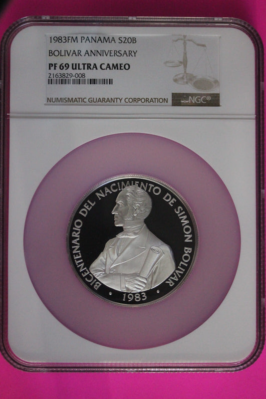 Very Rare 1983 Panama Silver 20 Balboas PF 69 Ultra Cameo NGC Graded Slab 7113