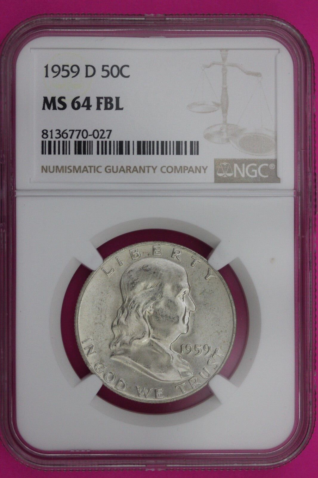 1959 D MS 64 Full Bell Lines Ben Franklin Silver Half Dollar NGC FBL Slab 1178