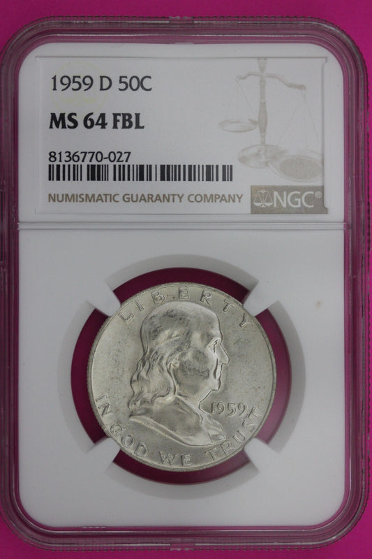 1959 D MS 64 Full Bell Lines Ben Franklin Silver Half Dollar NGC FBL Slab 1178