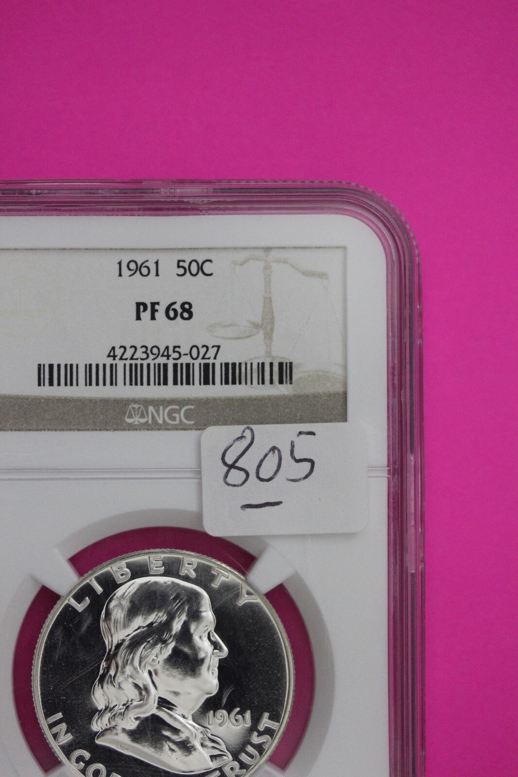 1961 PF 68 Ben Franklin Silver Proof Half Dollar NGC Graded Certified Slab 805